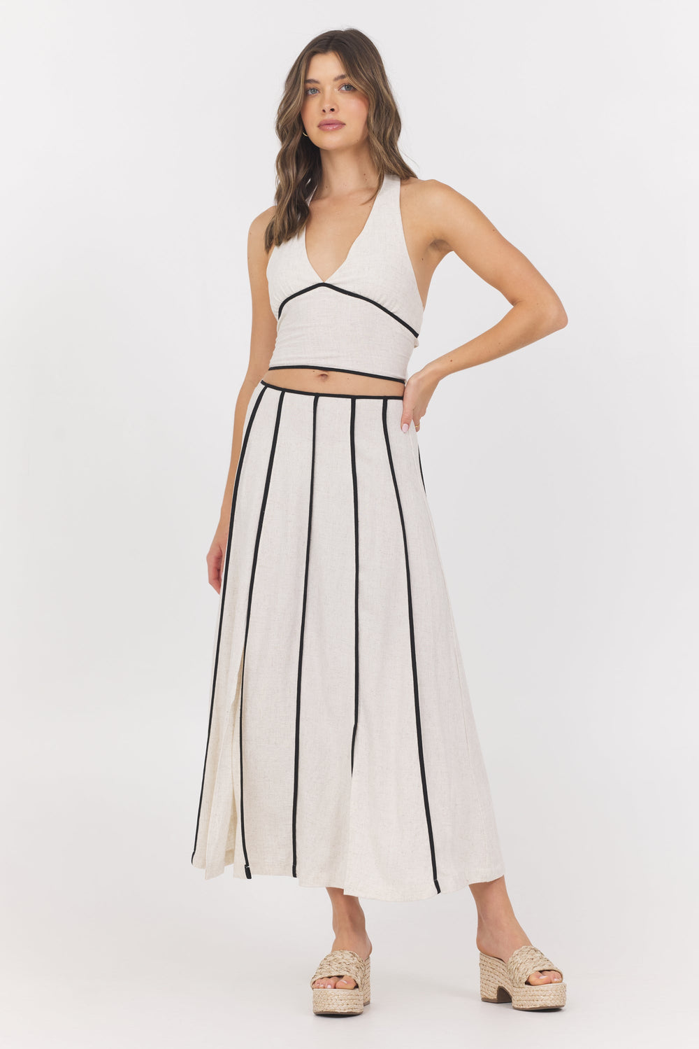 Vintage Havana | Linen Blend Halter Top w/ Piping