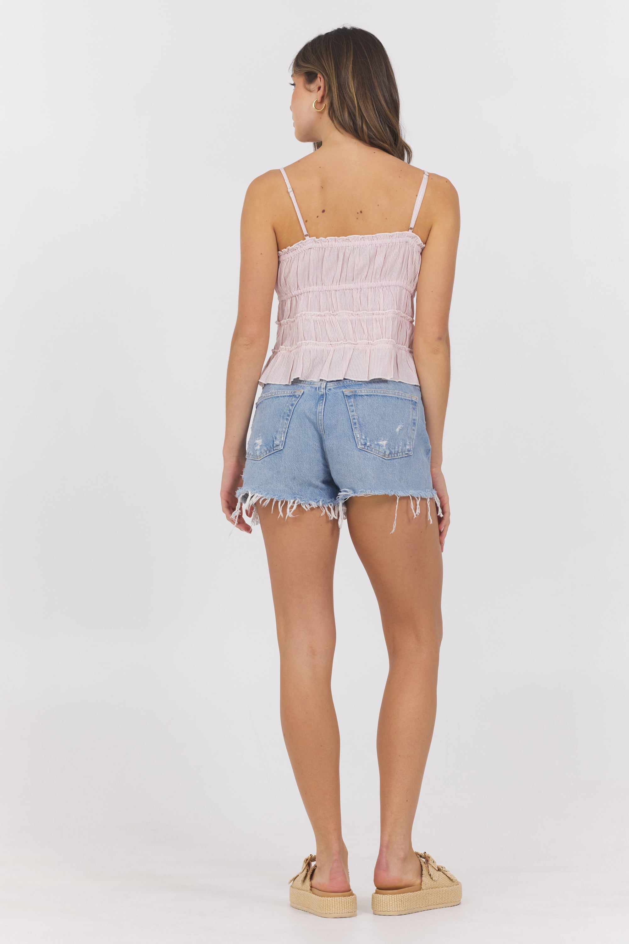Vintage Havana | Strawberry Pinstripe Woven Ruffle Top