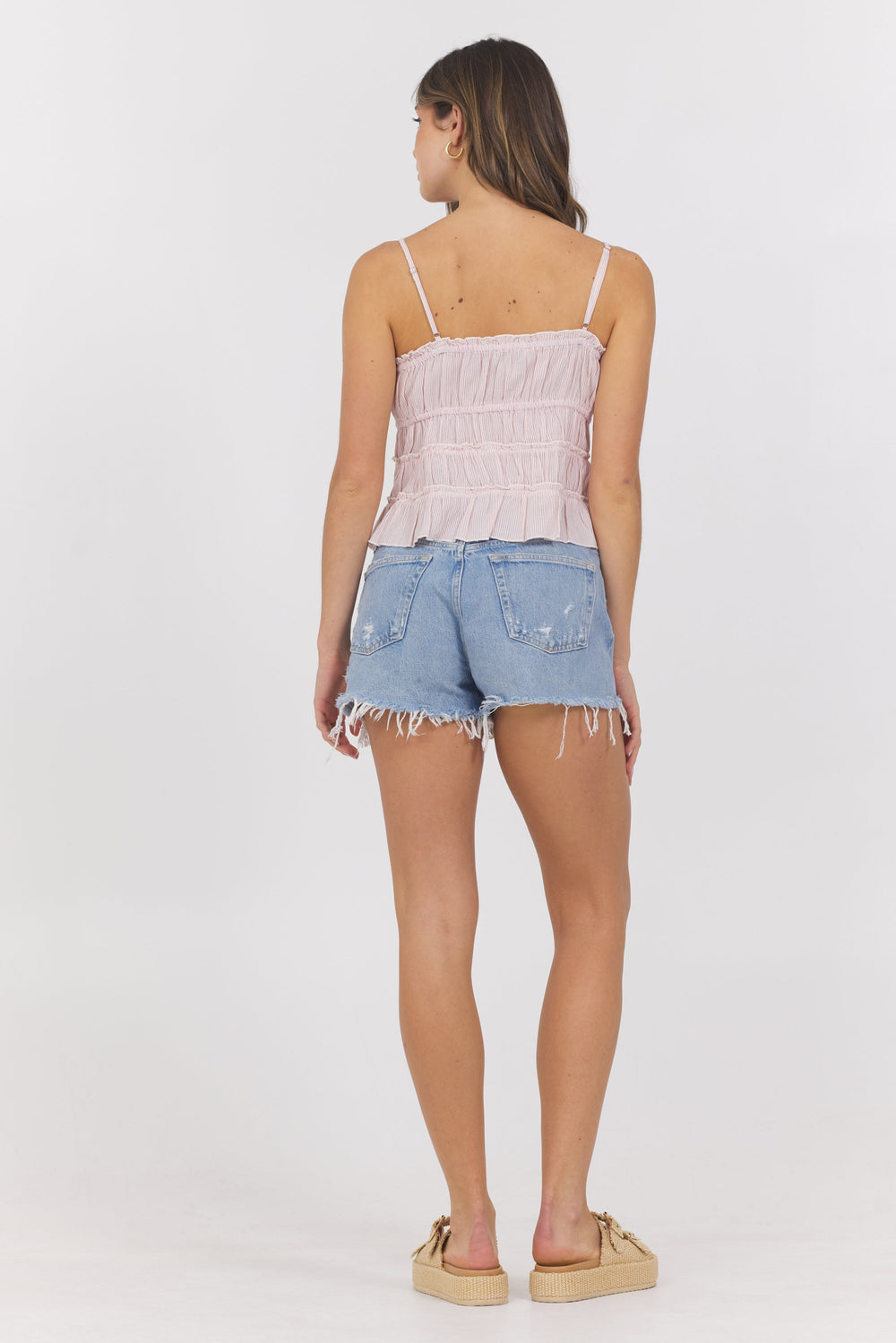 Vintage Havana | Strawberry Pinstripe Woven Ruffle Top