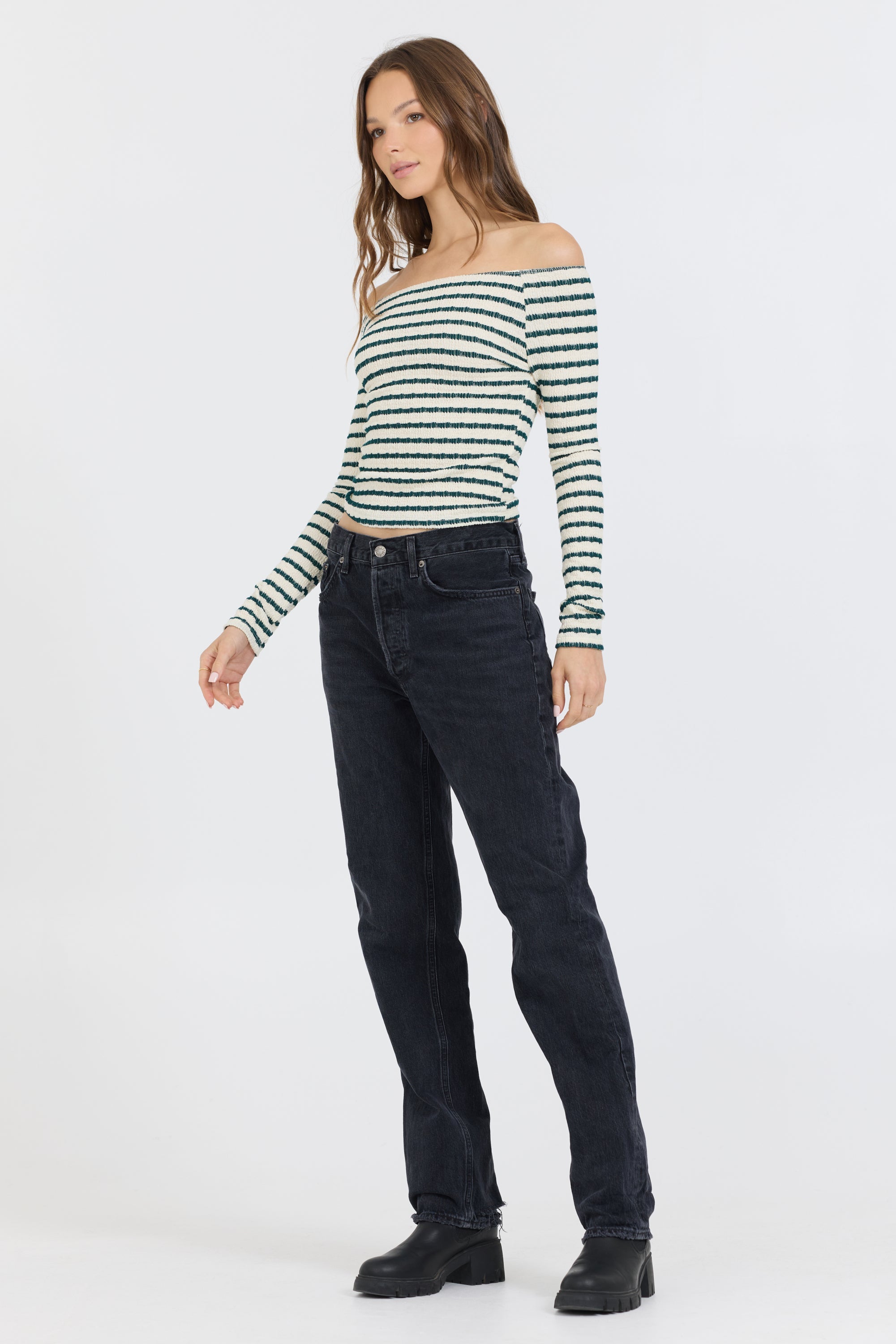 Vintage Havana | Ivory Green Fitted Off The Shoulder Top