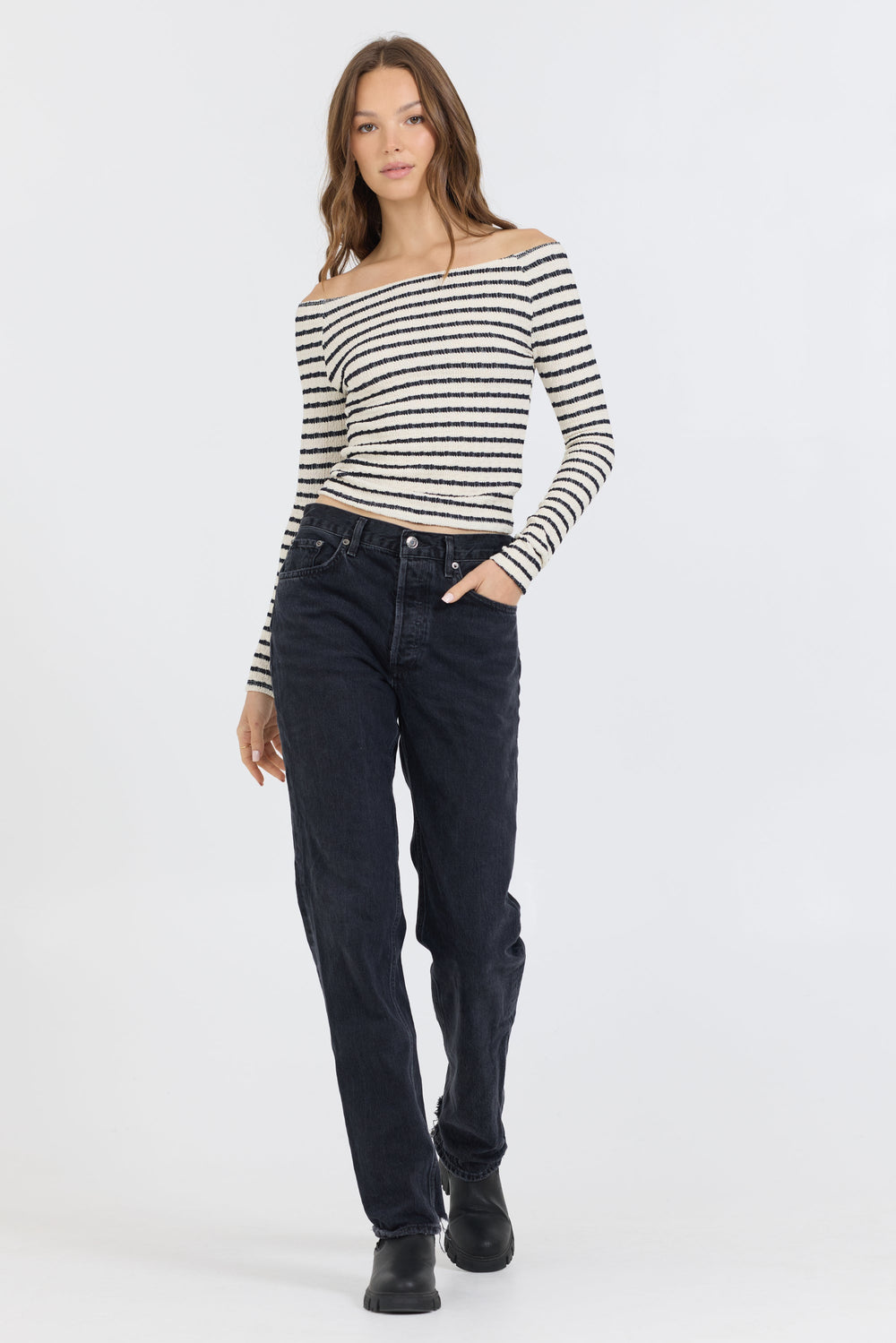 Vintage Havana | Ivory Black Fitted Off The Shoulder Top