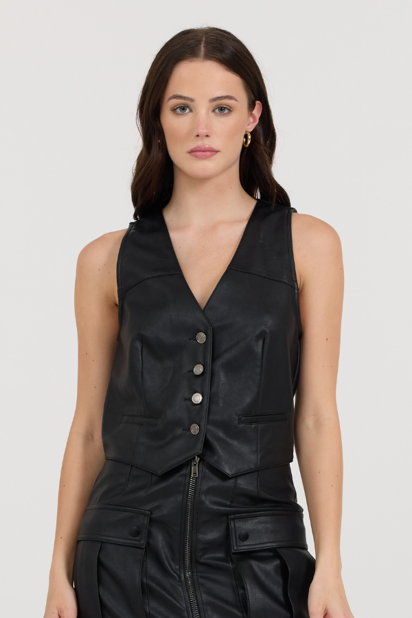 Vintage Havana | Black Leather Button Front Vest