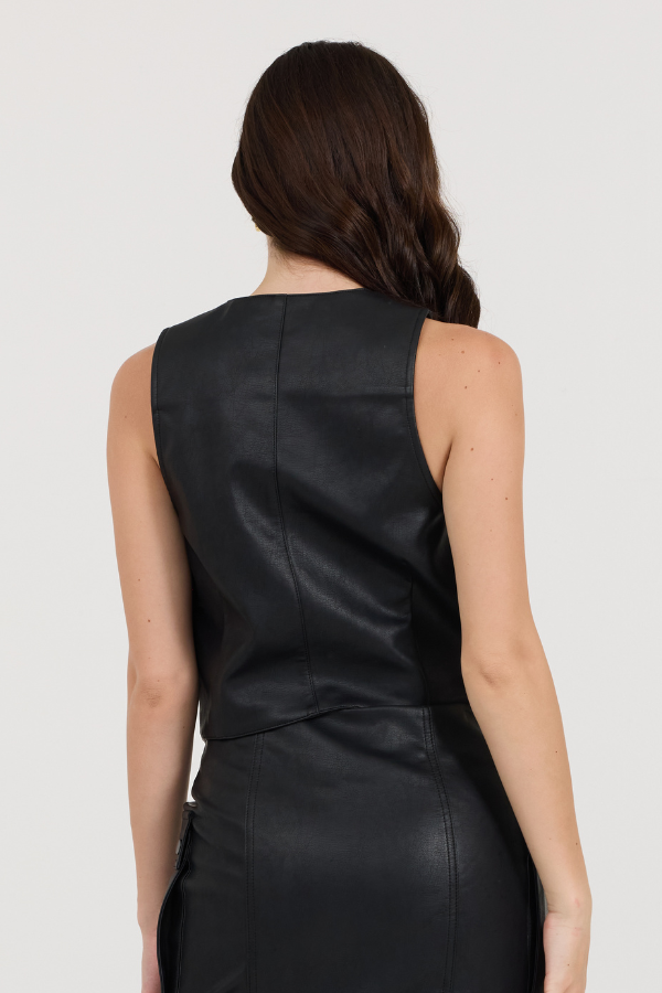 Vintage Havana | Black Leather Button Front Vest