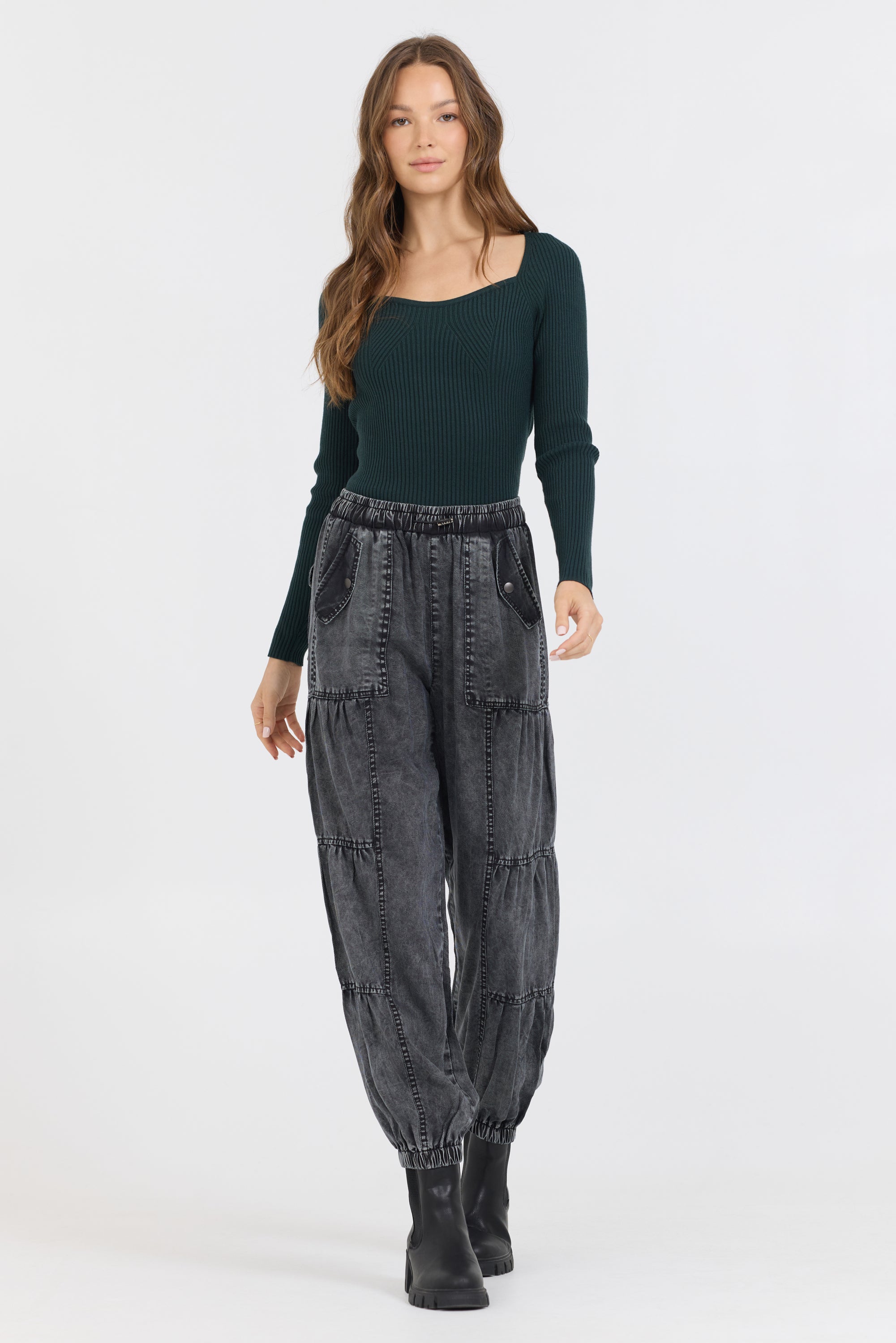 Vintage Havana | Black Rib Knit Long Sleeve Top