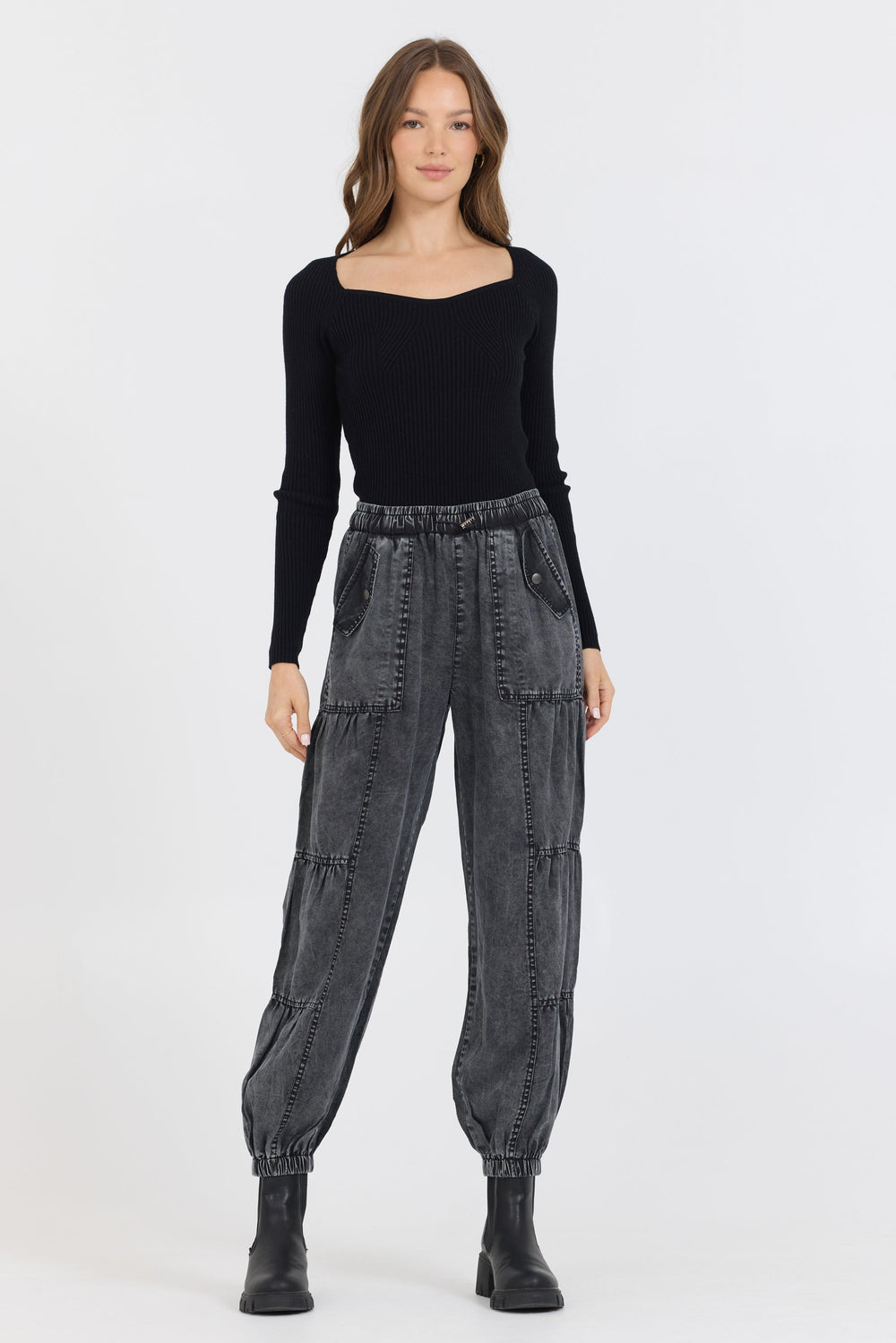 Vintage Havana | Black Rib Knit Long Sleeve Top