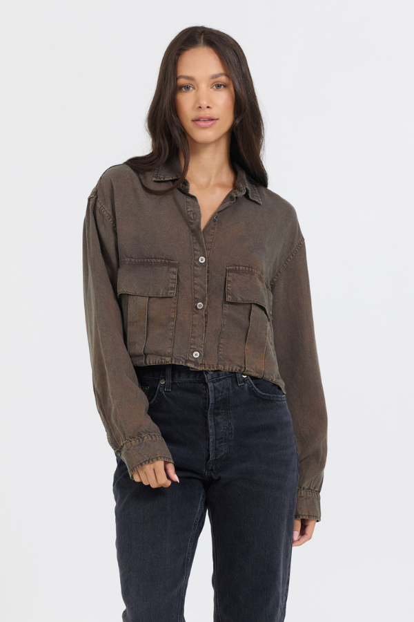 Vintage Havana | Brown Cropped Pocket Detail Shirt