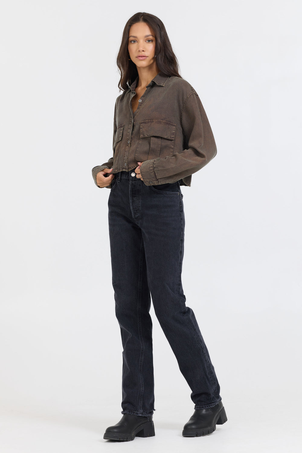 Vintage Havana | Brown Cropped Pocket Detail Shirt