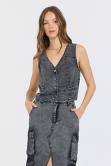 Vintage Havana | Washed Black Twill Button Front Vest Top