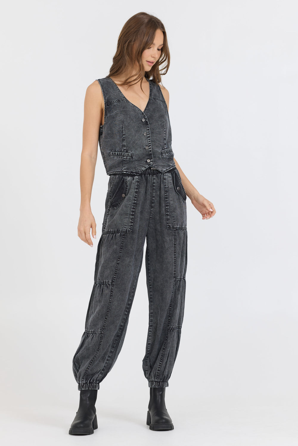 Vintage Havana | Washed Black Twill Button Front Vest Top