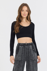 Vintage Havana | Black Seamless Long Sleeve V Neck