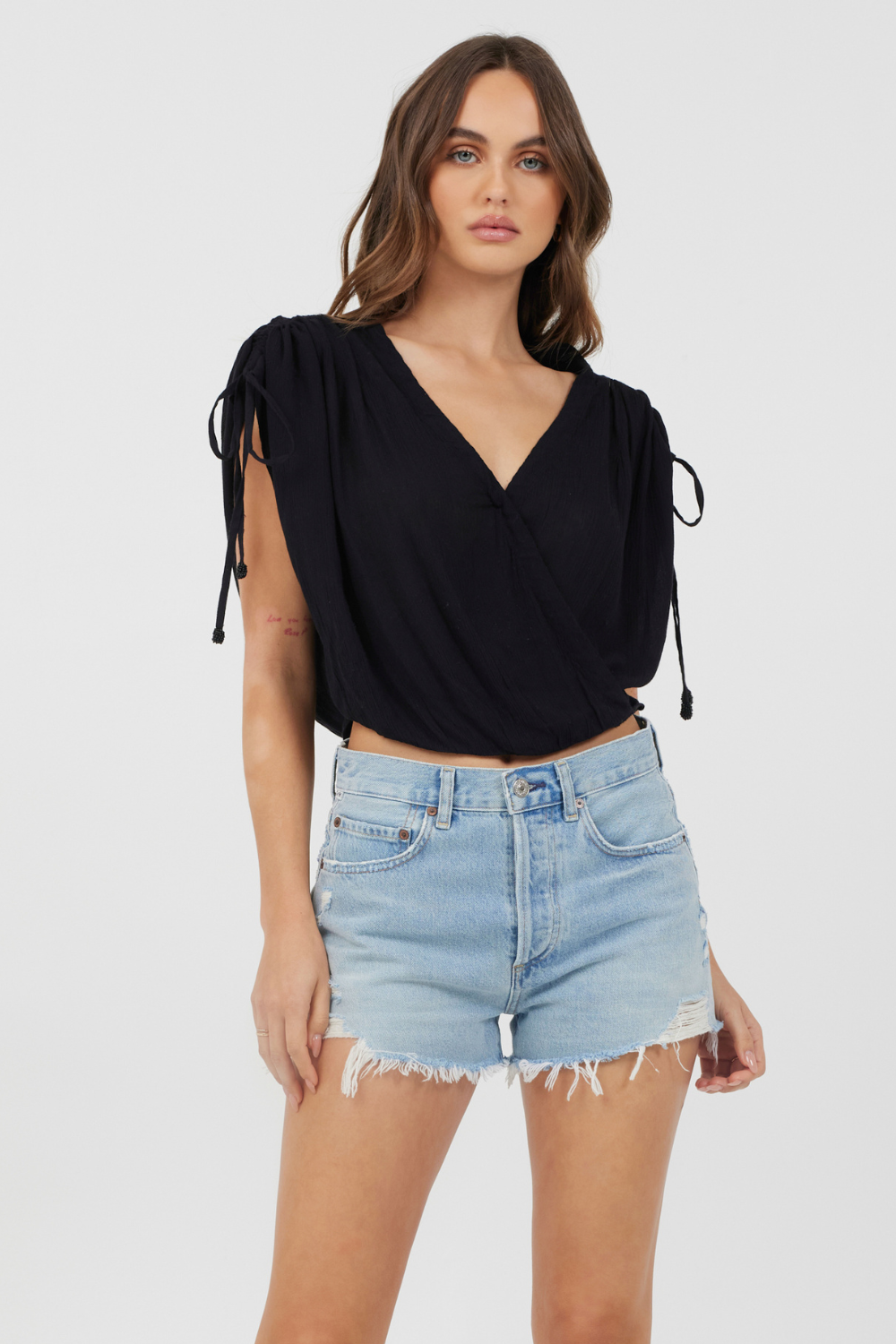 Vintage Havana | Black Rayon Crinkle Surplice Top