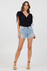 Vintage Havana | Black Rayon Crinkle Surplice Top