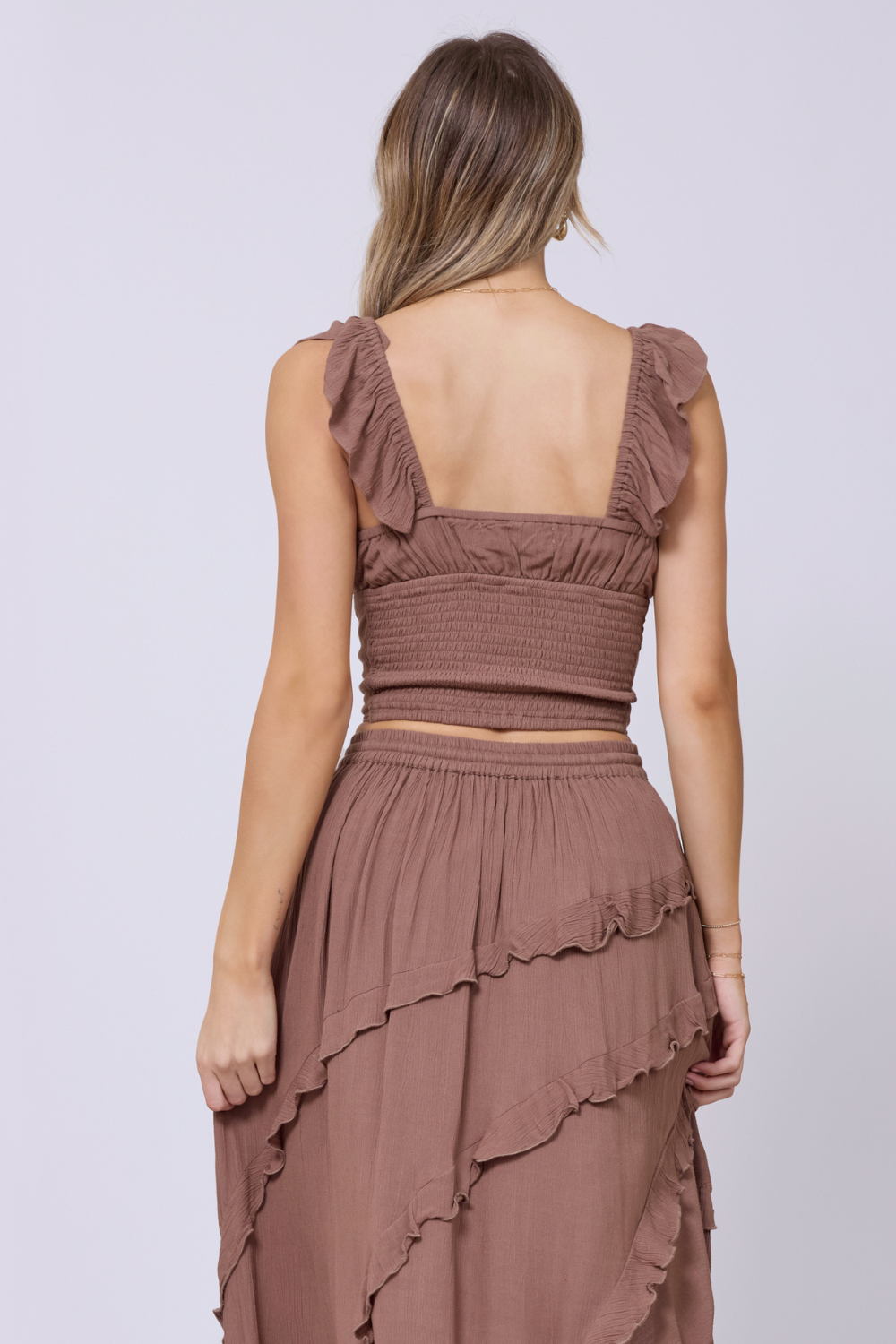 Vintage Havana | Washed Mocha Rayon Crinkle Flutter Sleeve Top