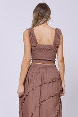 Vintage Havana | Washed Mocha Rayon Crinkle Flutter Sleeve Top