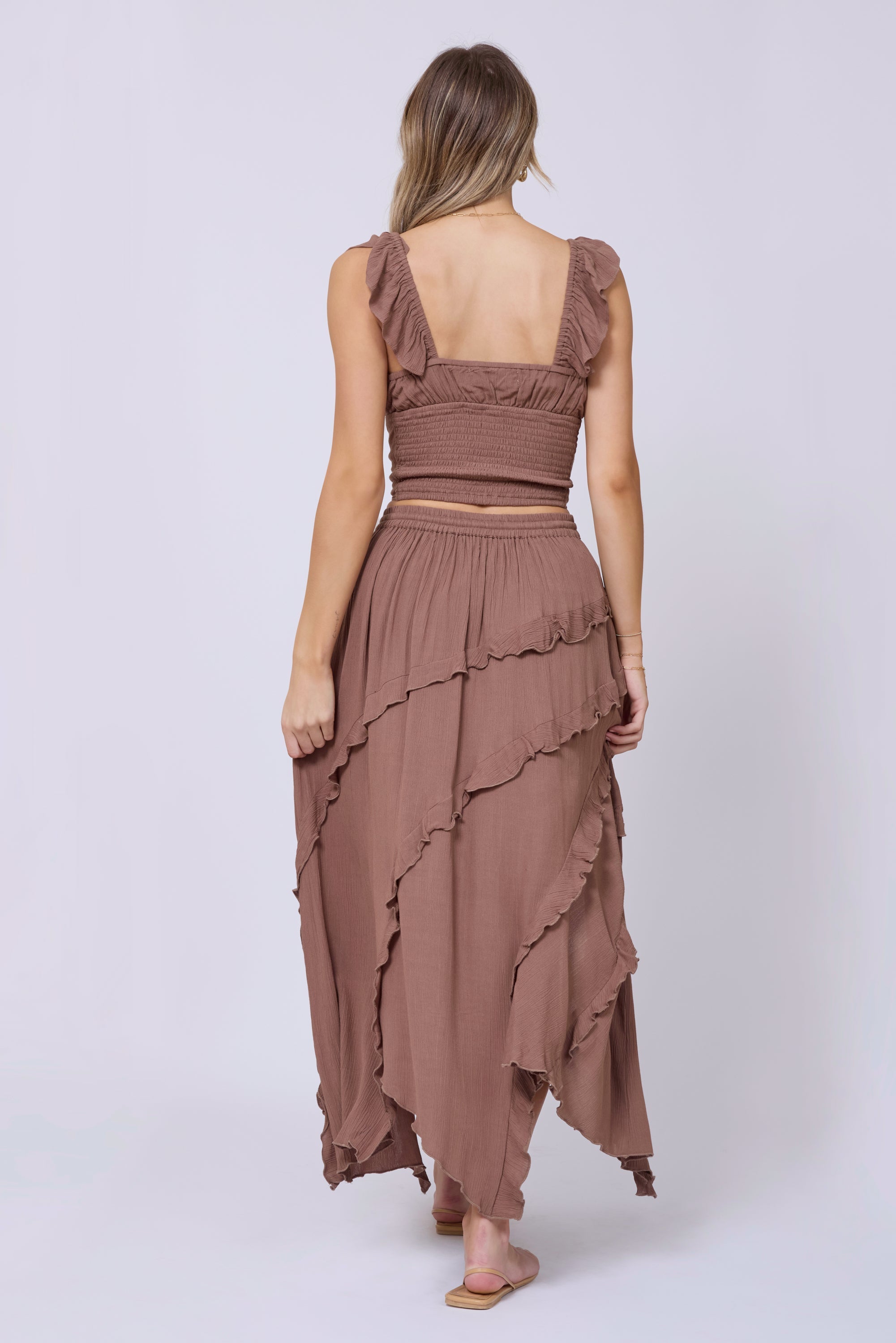 Vintage Havana | Washed Mocha Rayon Crinkle Flutter Sleeve Top