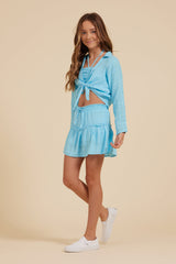Vintage Havana | Tropical Blue Tie Front Collared Top