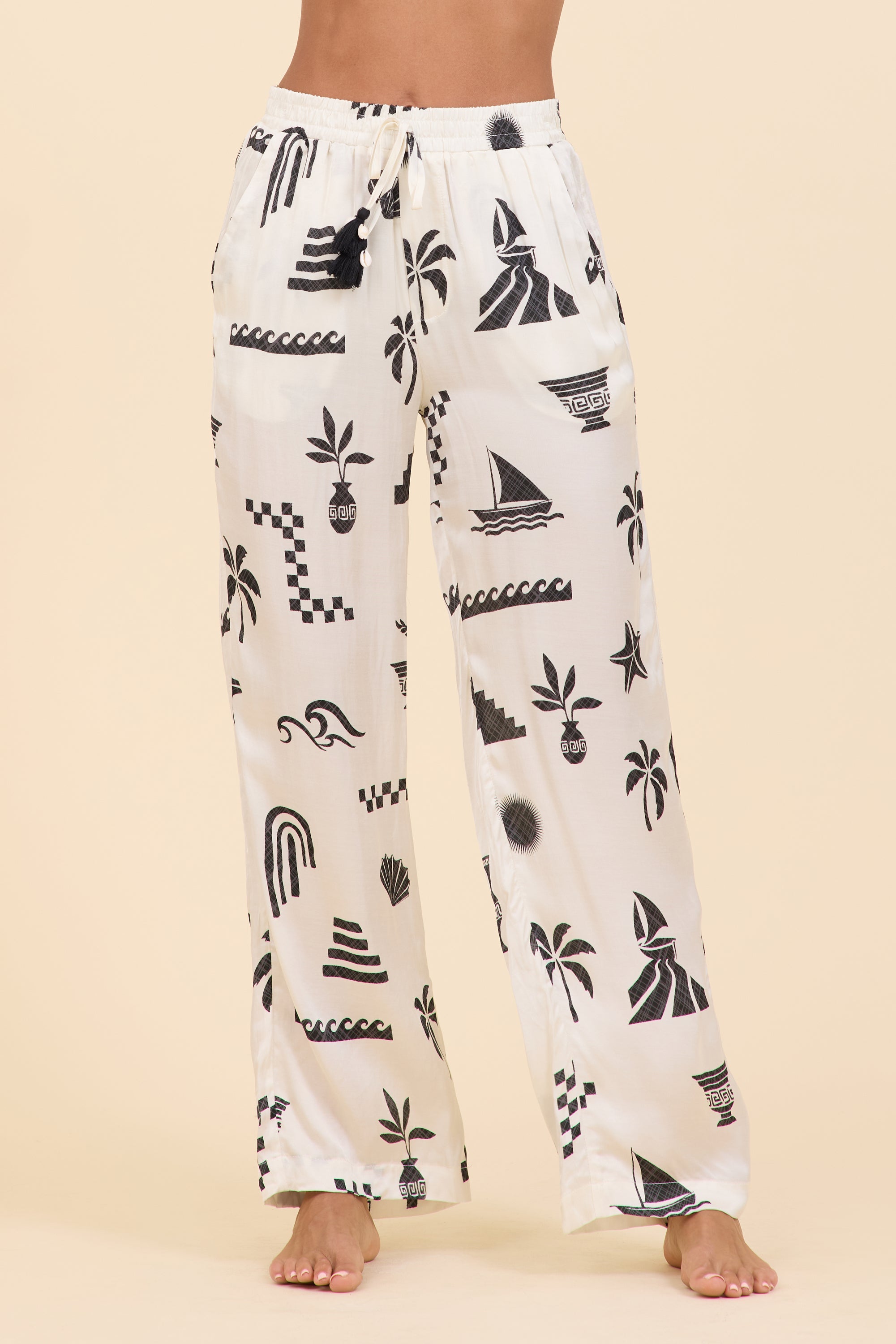 Vintage Havana | SURF Beach Vibe Printed Satin Wide Leg Pant