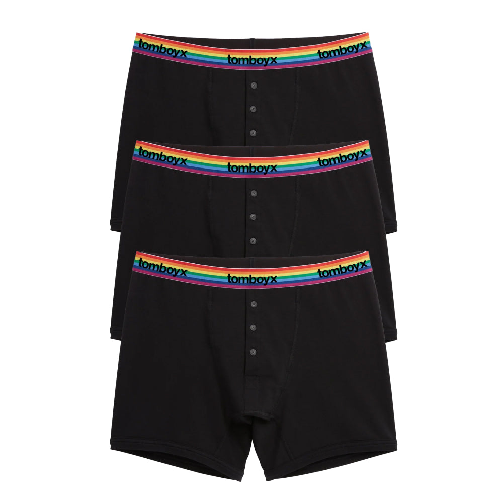TomboyX 6" Fly Boxer Briefs 3-Pack - Cotton Black Rainbow Logo