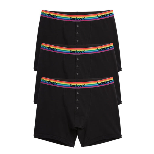 TomboyX 6" Fly Boxer Briefs 3-Pack - Cotton Black Rainbow Logo
