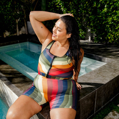 TomboyX Swim Racerback Zip Compression Top - Rainbow Wave