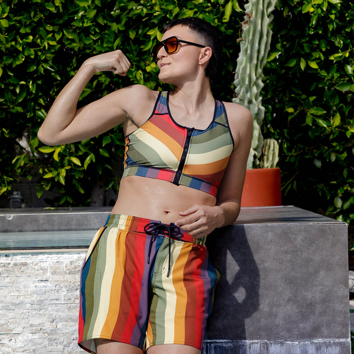 TomboyX Swim Racerback Zip Compression Top - Rainbow Wave