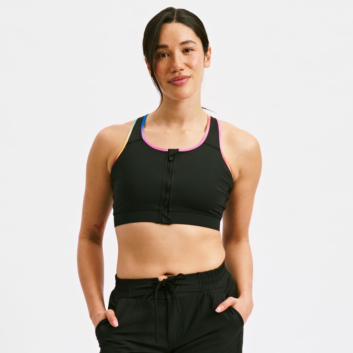 TomboyX Swim Racerback Zip Compression Top - Black Rainbow Ombre