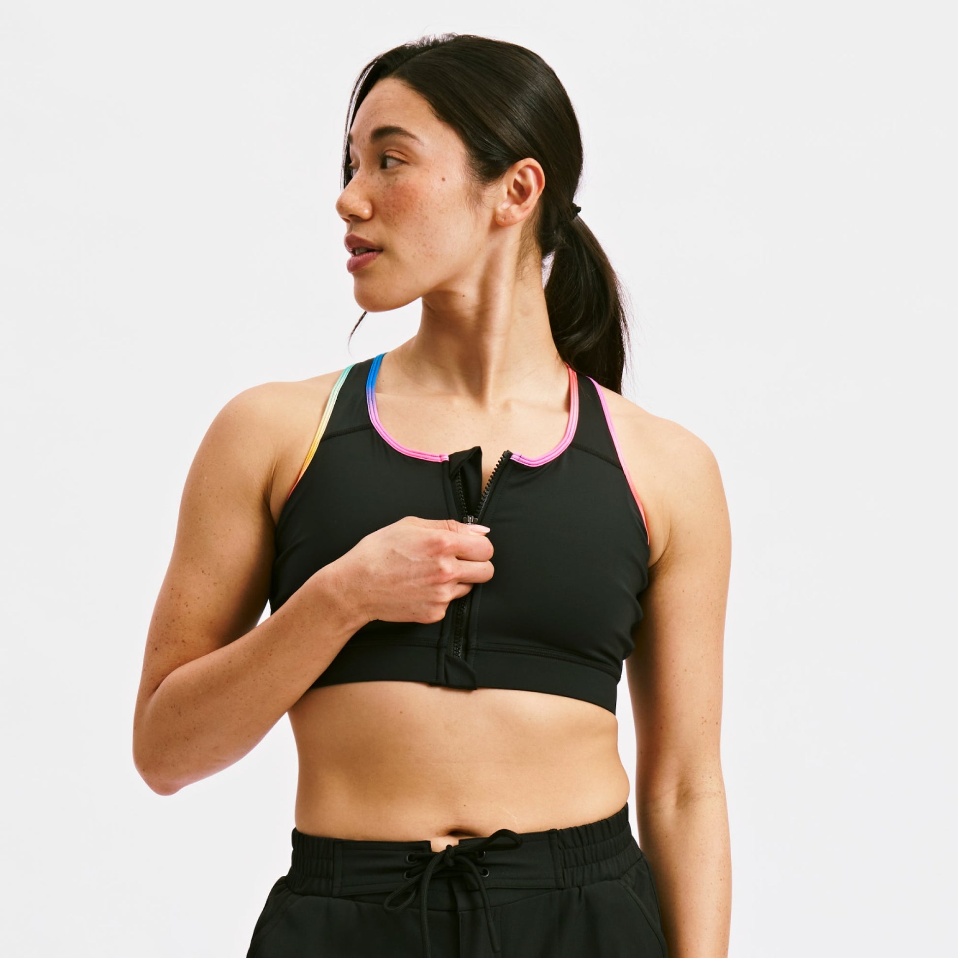 TomboyX Swim Racerback Zip Compression Top - Black Rainbow Ombre