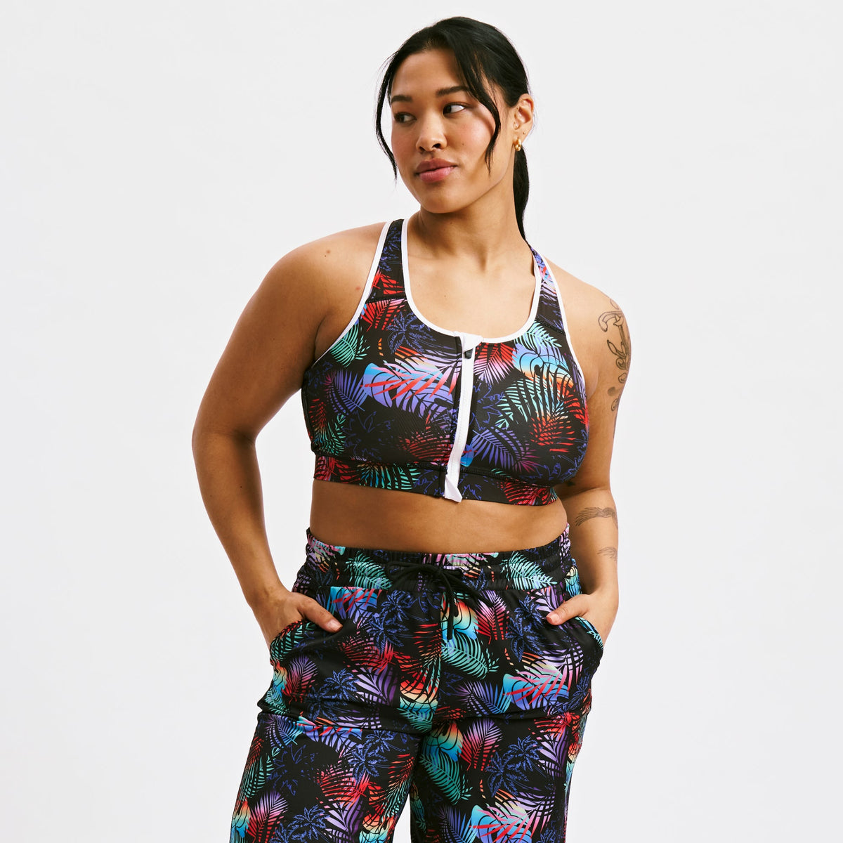 TomboyX Swim Racerback Zip Compression Top - Palm Dreams