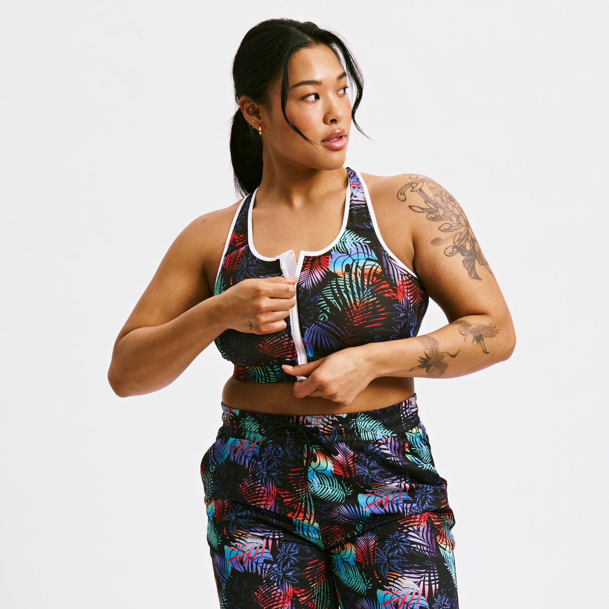 TomboyX Swim Racerback Zip Compression Top - Palm Dreams