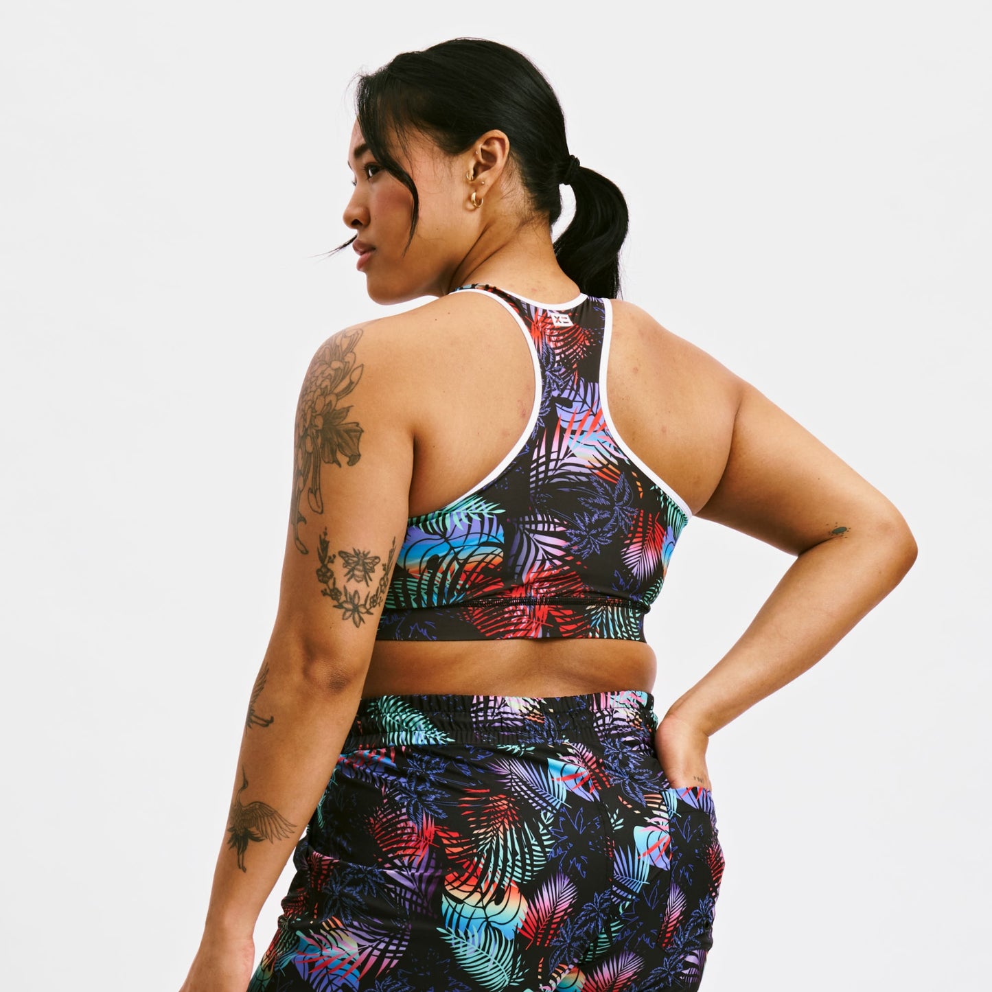 TomboyX Swim Racerback Zip Compression Top - Palm Dreams