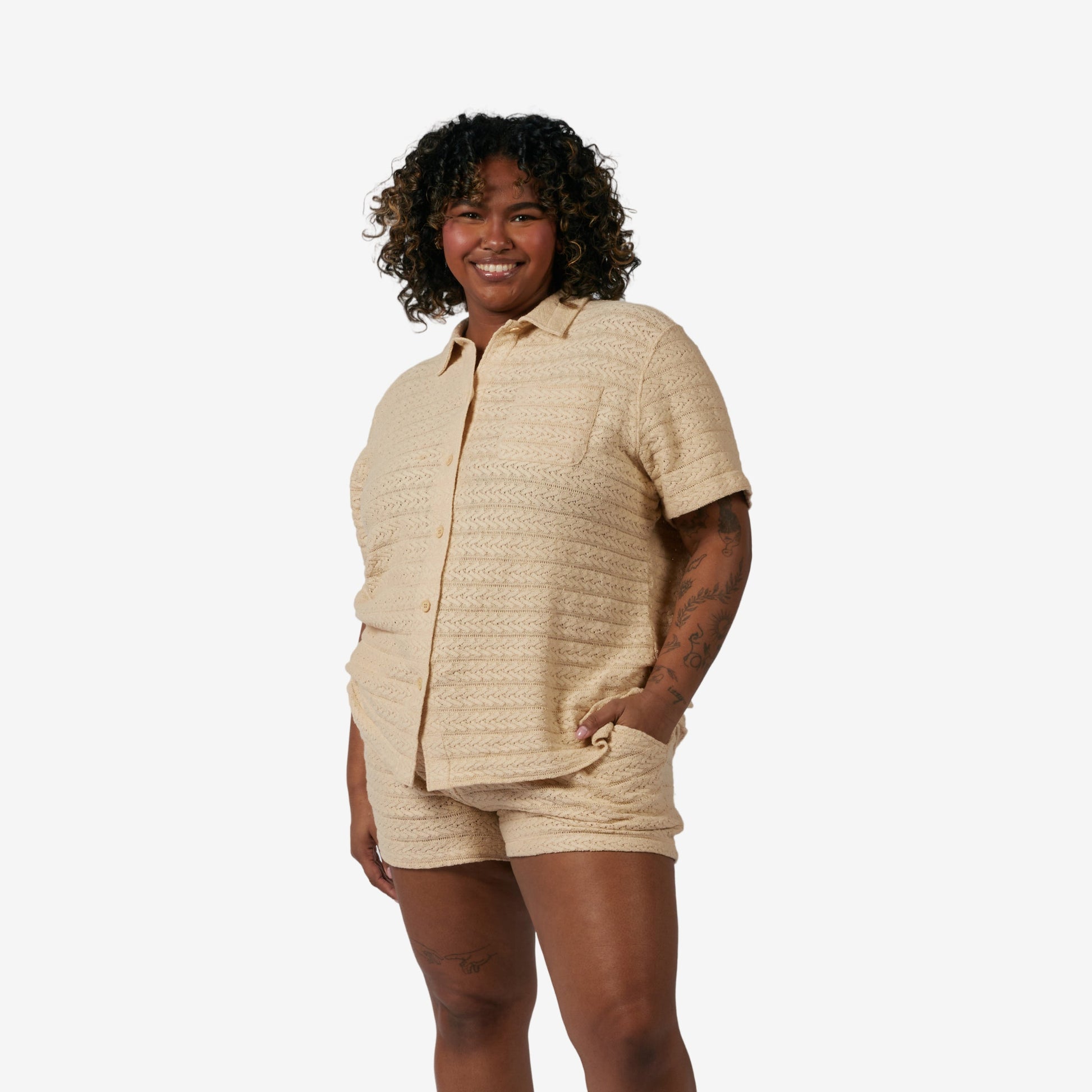 TomboyX Crochet Cabana Shirt - Sandshell