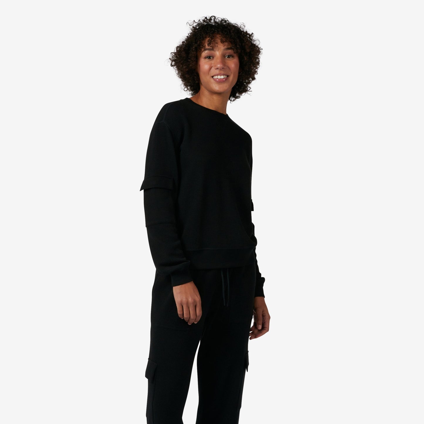 TomboyX Modal Cloud Waffle Long Sleeve Cargo Crew - Black Beauty