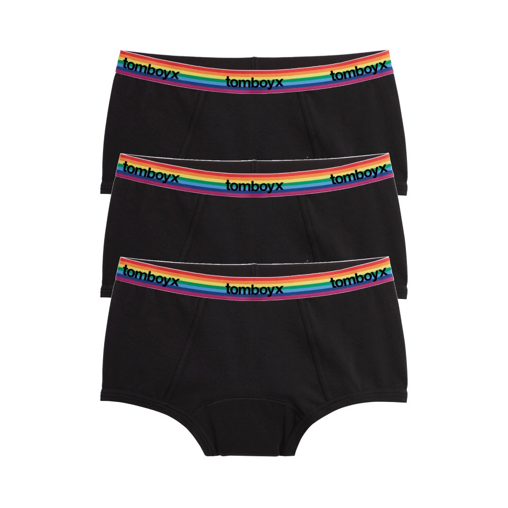 TomboyX First Line Period Boy Shorts 3-Pack - Black Rainbow Logo