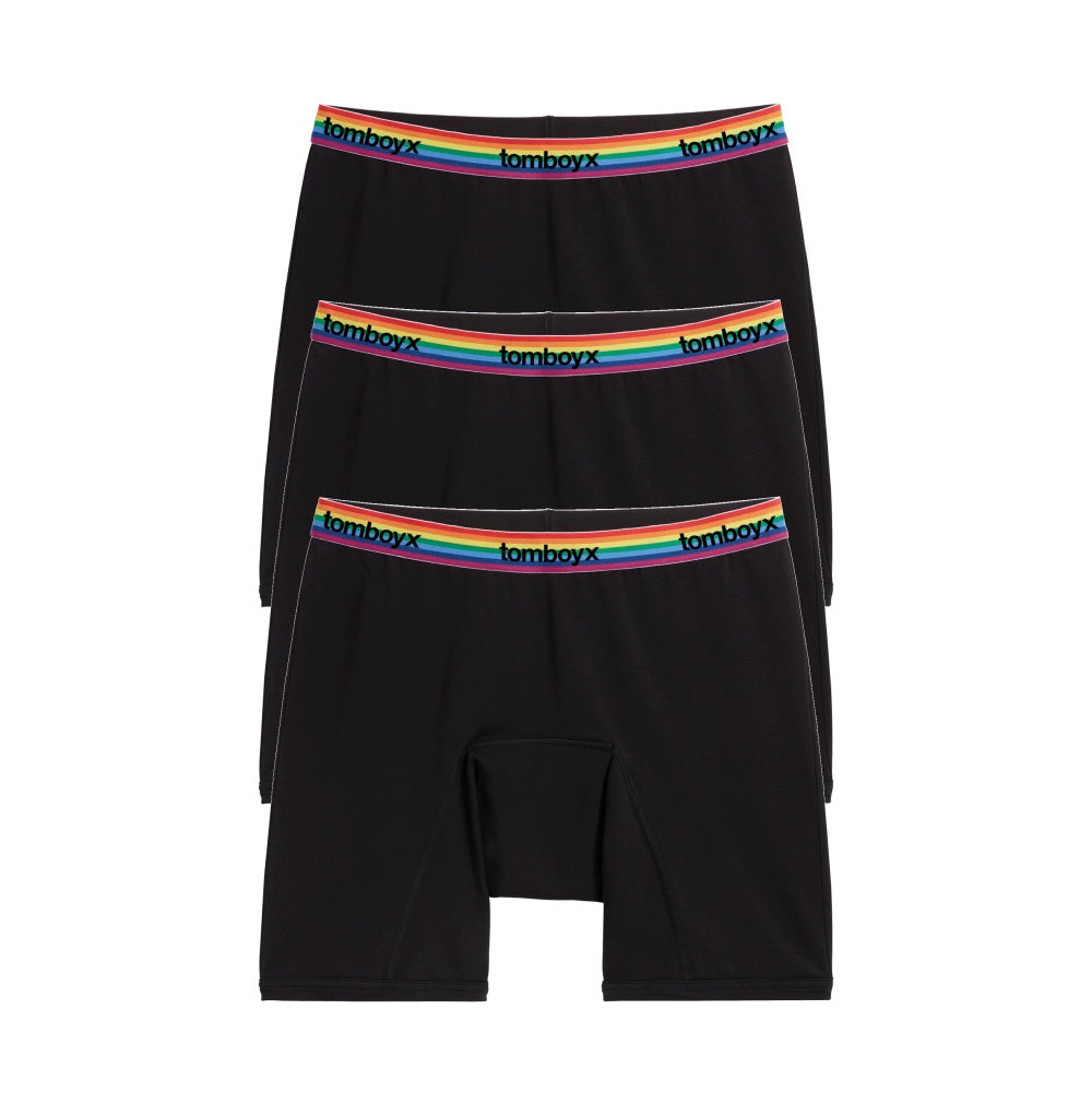 TomboyX First Line Period 9" Boxer Briefs 3-Pack - Black Rainbow Logo